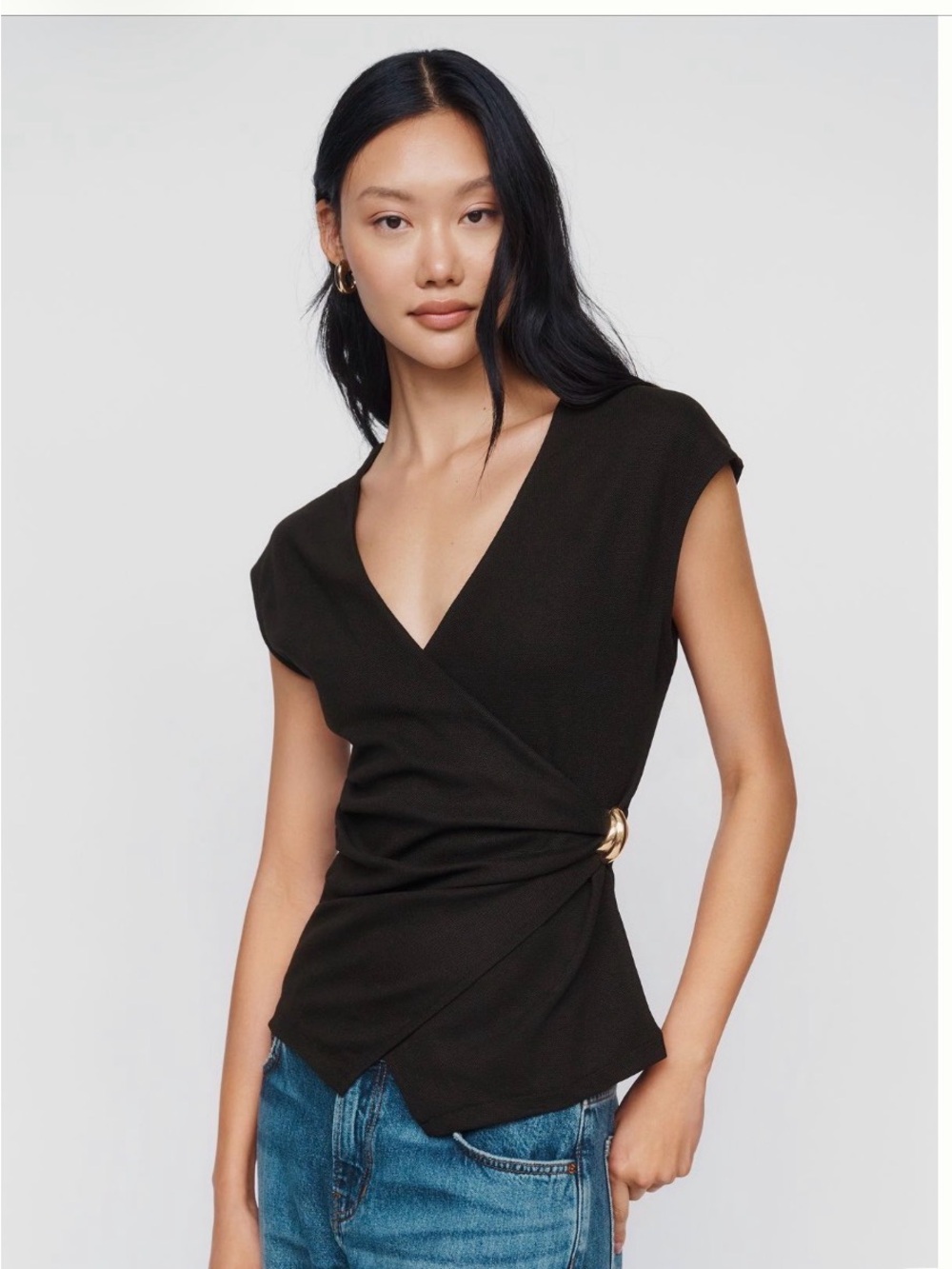 Maeve Anthropologie Black Sleeveless Wrap Top with Gold Ring